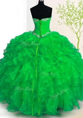 Fancy Organza Sweetheart Sleeveless Lace Up Beading and Ruffles Quinceanera Dress in Green