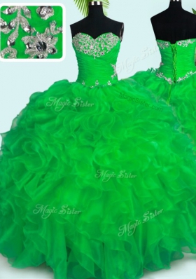 Fancy Organza Sweetheart Sleeveless Lace Up Beading and Ruffles Quinceanera Dress in Green