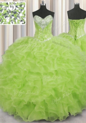 Fashionable Yellow Green Ball Gowns Organza Sweetheart Sleeveless Beading and Ruffles Floor Length Lace Up Vestidos de Quinceanera