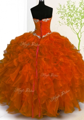 Fine Sweetheart Sleeveless Quinceanera Gowns Floor Length Beading and Ruffles Rust Red Organza