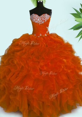 Fine Sweetheart Sleeveless Quinceanera Gowns Floor Length Beading and Ruffles Rust Red Organza