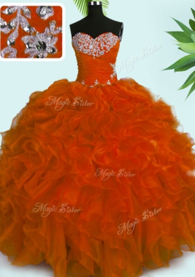 Fine Sweetheart Sleeveless Quinceanera Gowns Floor Length Beading and Ruffles Rust Red Organza