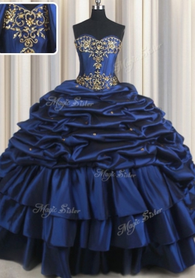 Flare With Train Navy Blue Vestidos de Quinceanera Taffeta Court Train Sleeveless Embroidery and Pick Ups