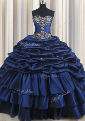 Flare With Train Navy Blue Vestidos de Quinceanera Taffeta Court Train Sleeveless Embroidery and Pick Ups