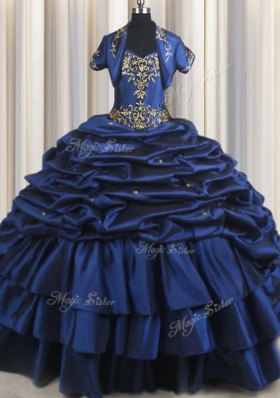 Flare With Train Navy Blue Vestidos de Quinceanera Taffeta Court Train Sleeveless Embroidery and Pick Ups