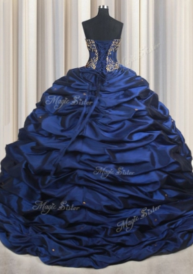 Flare With Train Navy Blue Vestidos de Quinceanera Taffeta Court Train Sleeveless Embroidery and Pick Ups