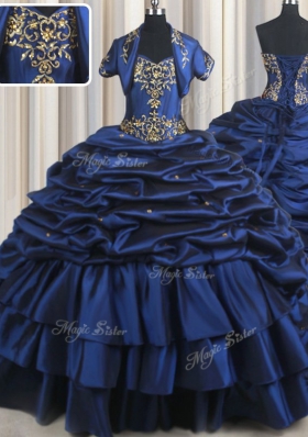Flare With Train Navy Blue Vestidos de Quinceanera Taffeta Court Train Sleeveless Embroidery and Pick Ups