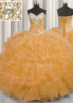 Flirting Orange Sleeveless Beading and Ruffles Floor Length 15th Birthday Dress
