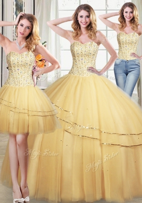 Flirting Three Piece Gold Lace Up Sweetheart Beading and Sequins 15 Quinceanera Dress Tulle Sleeveless