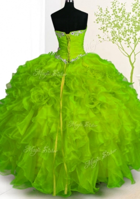 Floor Length Lace Up Sweet 16 Dress Yellow Green and In for Military Ball and Sweet 16 and Quinceanera with Beading and Ruffles