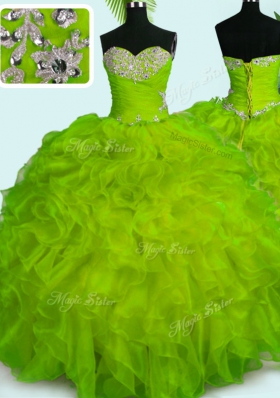 Floor Length Lace Up Sweet 16 Dress Yellow Green and In for Military Ball and Sweet 16 and Quinceanera with Beading and Ruffles