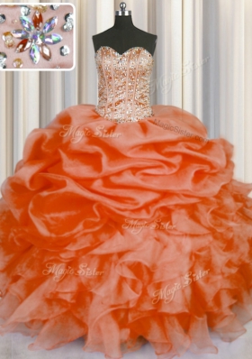 Floor Length Orange Red Quince Ball Gowns Organza Sleeveless Beading and Ruffles and Pick Ups