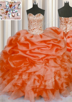 Floor Length Orange Red Quince Ball Gowns Organza Sleeveless Beading and Ruffles and Pick Ups