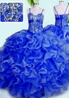 Glamorous Floor Length Blue Quinceanera Dresses Spaghetti Straps Sleeveless Lace Up