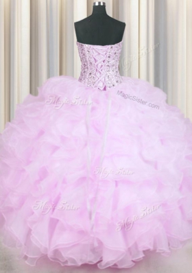 Graceful Mermaid Lilac Lace Up 15th Birthday Dress Beading and Ruffles Sleeveless Floor Length