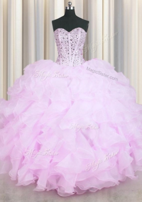 Graceful Mermaid Lilac Lace Up 15th Birthday Dress Beading and Ruffles Sleeveless Floor Length
