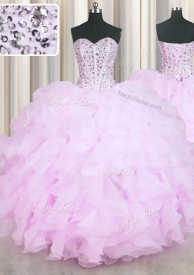 Graceful Mermaid Lilac Lace Up 15th Birthday Dress Beading and Ruffles Sleeveless Floor Length