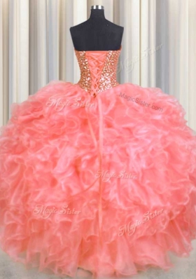 Halter Top Organza Sleeveless Floor Length Sweet 16 Dress and Beading and Ruffles