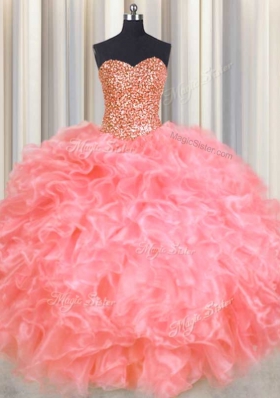 Halter Top Organza Sleeveless Floor Length Sweet 16 Dress and Beading and Ruffles