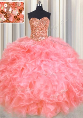 Halter Top Organza Sleeveless Floor Length Sweet 16 Dress and Beading and Ruffles