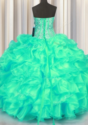 Hot Selling Floor Length Lace Up Quinceanera Dress Turquoise and In for Military Ball and Sweet 16 and Quinceanera with Beading and Ruffles
