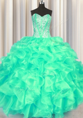 Hot Selling Floor Length Lace Up Quinceanera Dress Turquoise and In for Military Ball and Sweet 16 and Quinceanera with Beading and Ruffles
