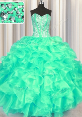 Hot Selling Floor Length Lace Up Quinceanera Dress Turquoise and In for Military Ball and Sweet 16 and Quinceanera with Beading and Ruffles