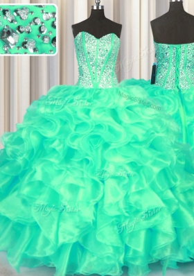 Hot Selling Floor Length Lace Up Quinceanera Dress Turquoise and In for Military Ball and Sweet 16 and Quinceanera with Beading and Ruffles