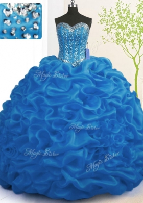 Ideal Royal Blue Ball Gowns Sweetheart Sleeveless Organza With Brush Train Lace Up Beading and Ruffles Quinceanera Gowns