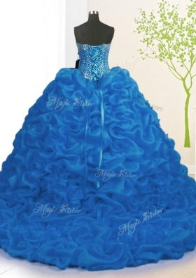 Ideal Royal Blue Ball Gowns Sweetheart Sleeveless Organza With Brush Train Lace Up Beading and Ruffles Quinceanera Gowns