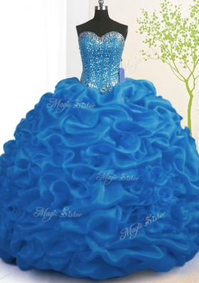 Ideal Royal Blue Ball Gowns Sweetheart Sleeveless Organza With Brush Train Lace Up Beading and Ruffles Quinceanera Gowns