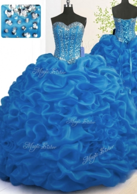 Ideal Royal Blue Ball Gowns Sweetheart Sleeveless Organza With Brush Train Lace Up Beading and Ruffles Quinceanera Gowns