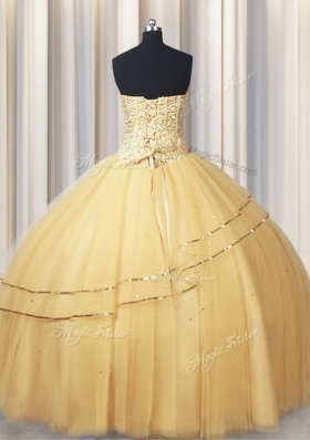 Ideal Visible Boning Big Puffy Champagne Sweetheart Neckline Beading and Ruching Quinceanera Gown Sleeveless Lace Up