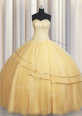 Ideal Visible Boning Big Puffy Champagne Sweetheart Neckline Beading and Ruching Quinceanera Gown Sleeveless Lace Up