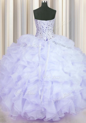Lavender Organza Lace Up Quince Ball Gowns Sleeveless Floor Length Beading and Ruffles