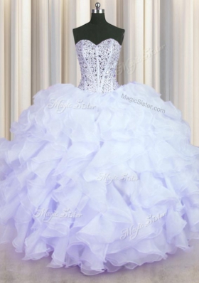 Lavender Organza Lace Up Quince Ball Gowns Sleeveless Floor Length Beading and Ruffles