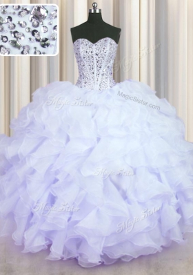 Lavender Organza Lace Up Quince Ball Gowns Sleeveless Floor Length Beading and Ruffles