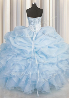 Light Blue Ball Gowns Organza Sweetheart Sleeveless Beading and Ruffles Floor Length Lace Up Quinceanera Dresses
