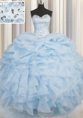 Light Blue Ball Gowns Organza Sweetheart Sleeveless Beading and Ruffles Floor Length Lace Up Quinceanera Dresses