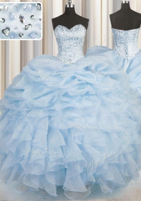 Light Blue Ball Gowns Organza Sweetheart Sleeveless Beading and Ruffles Floor Length Lace Up Quinceanera Dresses