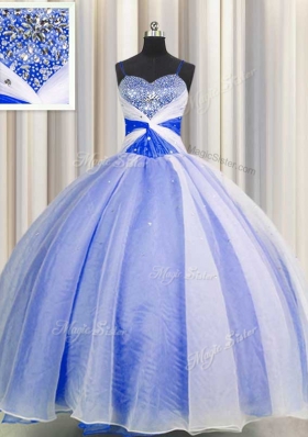 Luxurious Spaghetti Straps Sleeveless Vestidos de Quinceanera Floor Length Beading and Sequins and Ruching Blue And White Organza