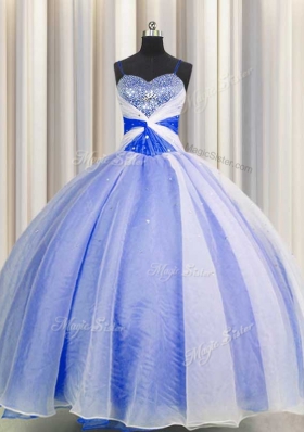 Luxurious Spaghetti Straps Sleeveless Vestidos de Quinceanera Floor Length Beading and Sequins and Ruching Blue And White Organza