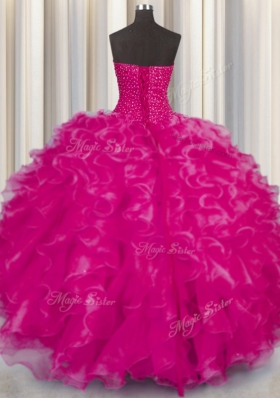 Modern Hot Pink Organza Lace Up 15 Quinceanera Dress Sleeveless Floor Length Beading and Ruffles