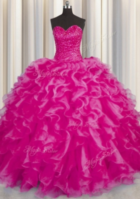 Modern Hot Pink Organza Lace Up 15 Quinceanera Dress Sleeveless Floor Length Beading and Ruffles