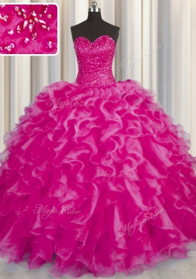 Modern Hot Pink Organza Lace Up 15 Quinceanera Dress Sleeveless Floor Length Beading and Ruffles