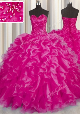 Modern Hot Pink Organza Lace Up 15 Quinceanera Dress Sleeveless Floor Length Beading and Ruffles