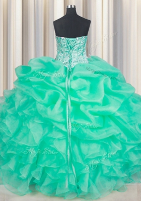 New Style Sweetheart Sleeveless Sweet 16 Dresses Floor Length Beading and Ruffles and Pick Ups Turquoise Organza