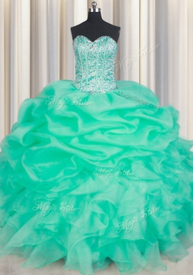 New Style Sweetheart Sleeveless Sweet 16 Dresses Floor Length Beading and Ruffles and Pick Ups Turquoise Organza