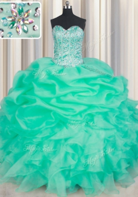 New Style Sweetheart Sleeveless Sweet 16 Dresses Floor Length Beading and Ruffles and Pick Ups Turquoise Organza