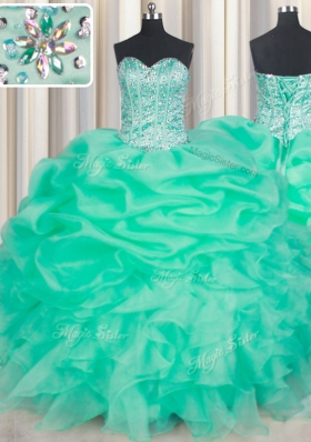 New Style Sweetheart Sleeveless Sweet 16 Dresses Floor Length Beading and Ruffles and Pick Ups Turquoise Organza